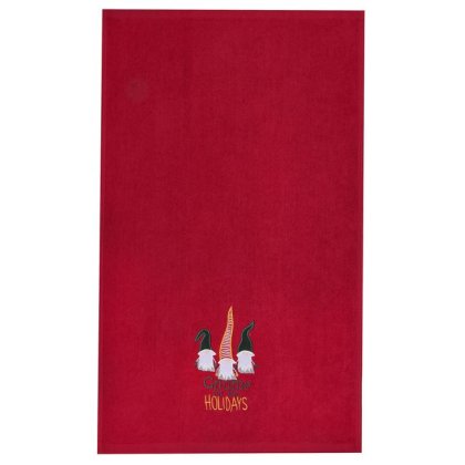 Prosop din Bumbac de Craciun Rosu cu Figuri de Gnome Brodat 60x40cm