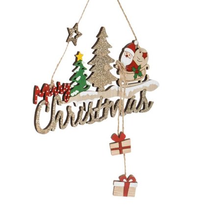 Decoratiune Suspendabila din Lemn de Craciun Mos Craciun Sanie Merry Christmas 18cm