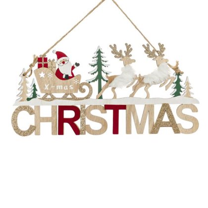 Decoratiune Suspendabila de Craciun Tablita din Lemn Mos Craciun Sanie Cerbi CHRISTMAS 29cm
