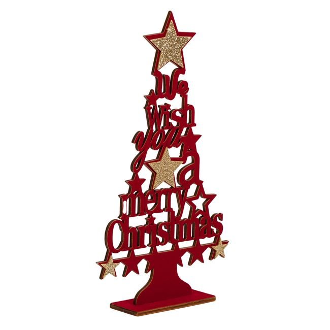 Decoratiune din Lemn de Craciun Brad Catifelat cu Stele Glitter 29.5cm