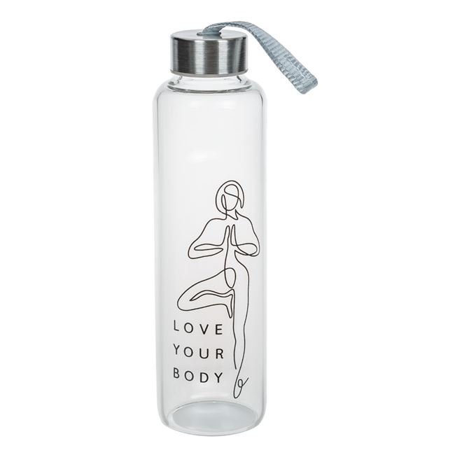 Bidon Apa Sport din Sticla Desen Fata si Mesaj "Love Your Body" cu Maner din Material Textil 500ml