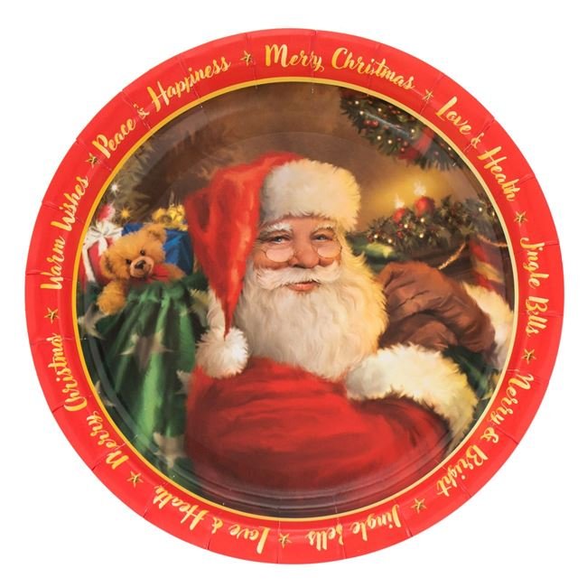 Farfurii din Carton de Craciun Colorate Mos Craciun "Merry Christmas" 23cm - 10buc