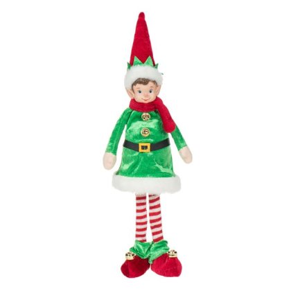 Figurina Decorativa de Craciun Spiridus cu Fular Rosu Haina Verde Clopotei 35cm