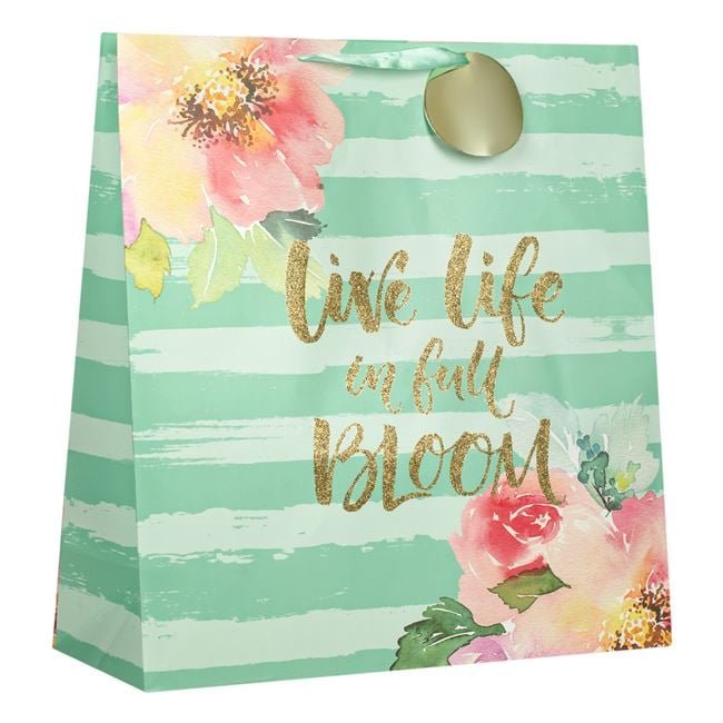 Sacosa Cadou din Hartie Verde cu Dungi Aurii & Imprimeu cu Glitter 43x16x45cm