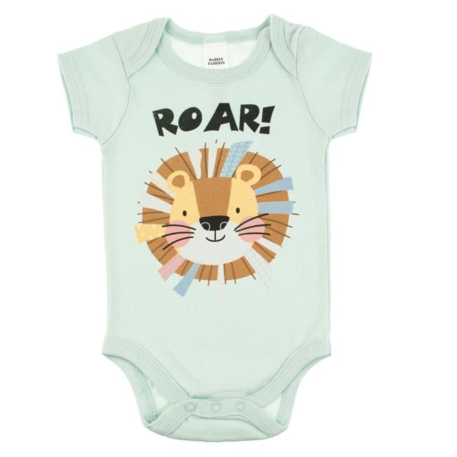Body din Bumbac Verde Menta Model Leu "Roar!" & Maneca Scurta pentru Bebelusi