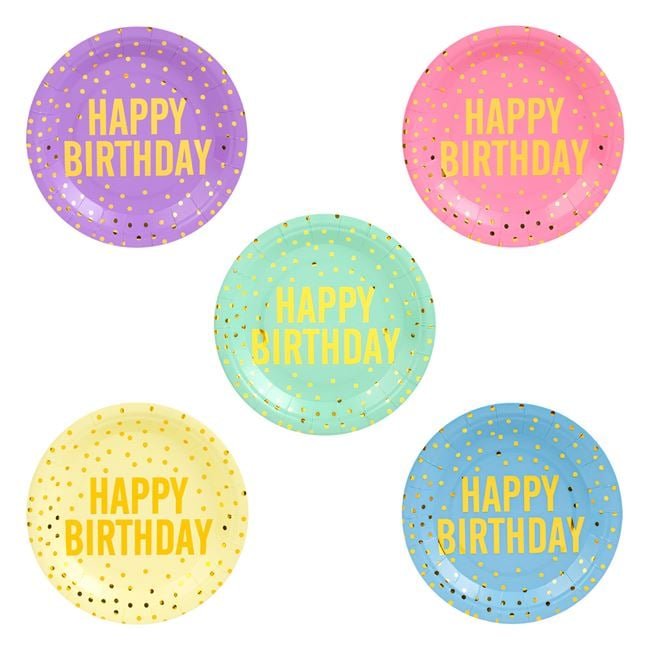 Farfurii de Petrecere de Carton Pastelate cu Folie Aurie "Happy Birthday" 18cm - 25buc