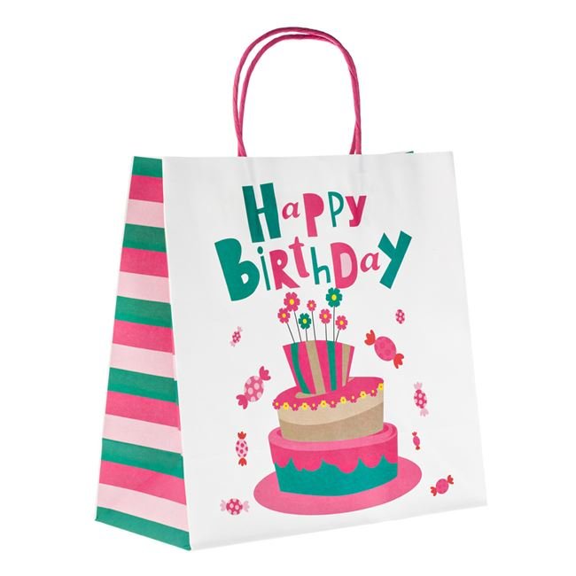 Sacosa Cadou Kraft Alba Tort Colorat Bomboane "Happy Birthday" 26x12x26cm