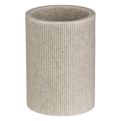 Suport din Polyresin Rotund Bej cu Dungi Verticale pentru Periute de Dinti Ø7.5x15.5cm
