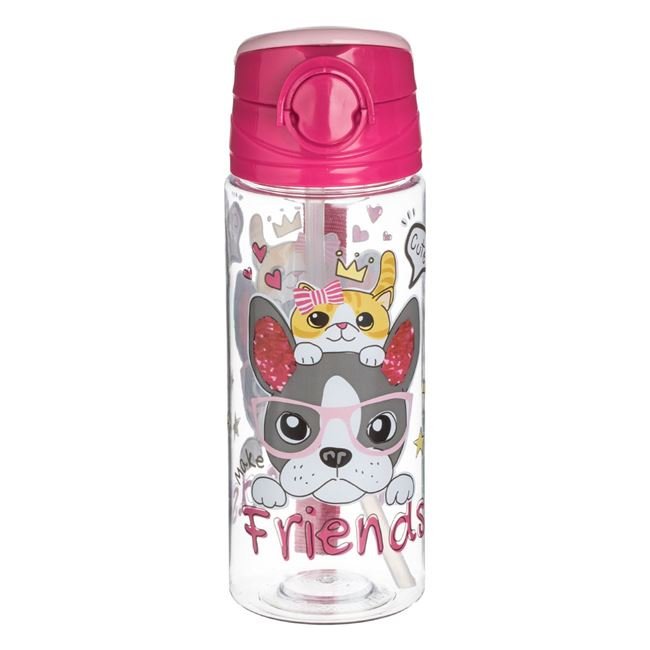 Sticla Apa Pop Up Catel & Pisica "Friends" Transparenta Fucsia pentru Copii 500ml