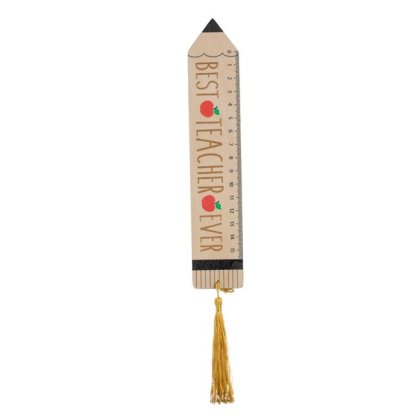 Rigla Decorativa din Lemn cu Model Creion cu Ciucure & Mesaj "Best Teacher Ever" 20.5x0.4x4cm