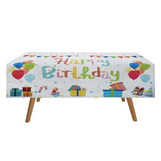 Fata de Masa Alba din Plastic Happy Birthday 137x183cm