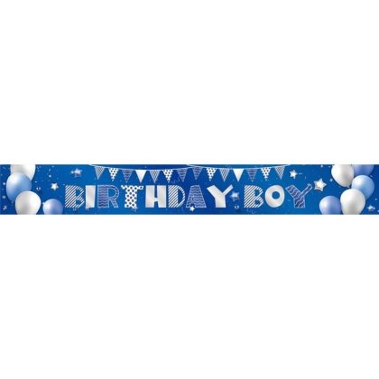 Banner de Perete Albastru Metalizat pentru Petrecere "Birthday Boy" 250x11cm
