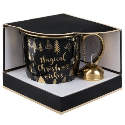 Set Cana de Craciun New Bone Neagra cu Maner Auriu Brazi "Merry Christmas" & Infuzor 600ml