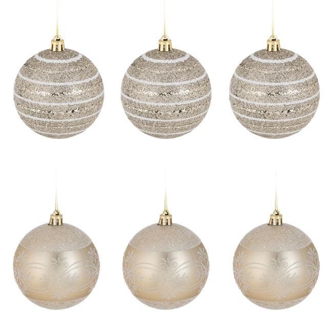 Set Globuri de Craciun Bej cu Glitter Ø8cm - 6buc