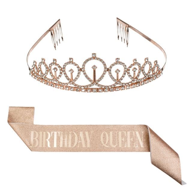 Set de Petrecere cu Panglica & Coroana cu Strass Roz Auriu Glitter "Birthday Queen" - 2buc