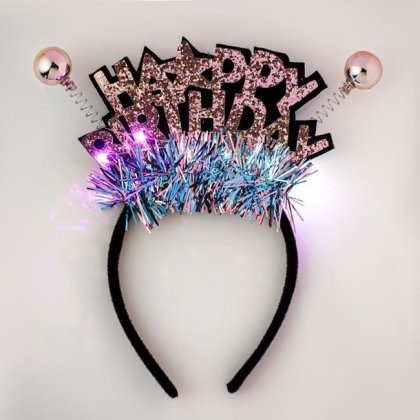Coronita Par de Petrecere Neagra Roz cu LED Glitter Globuri Roz Turcoaz "Happy Birthday" cu 3 Functii