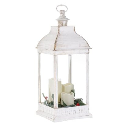 Felinar Decorativ de Craciun Alb Auriu Brushed cu Lumanari LED 24x24x61cm