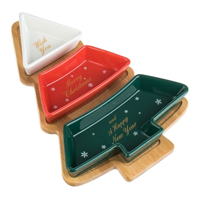 Set Boluri Ceramice cu Baza din bambus Brad de Craciun 27.5x20x3.1cm