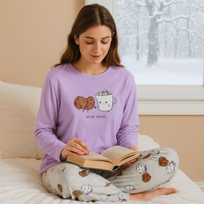 Set Pijama de Iarna Catifelate Lila Gri Cookies Cana de Cafea "Better Together"