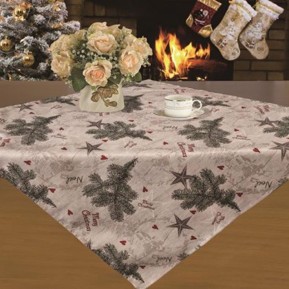 Fata de Masa de Craciun Gri Bej Brad Stele "Merry Christmas" 80x80cm