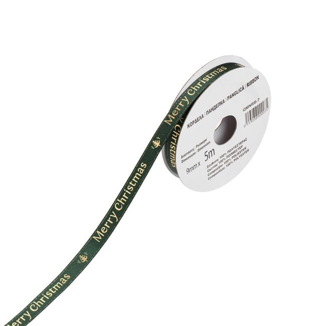 Panglica Decorativa Brad de Craciun Verde Aurie Brad "Merry Christmas" 5mx9mm