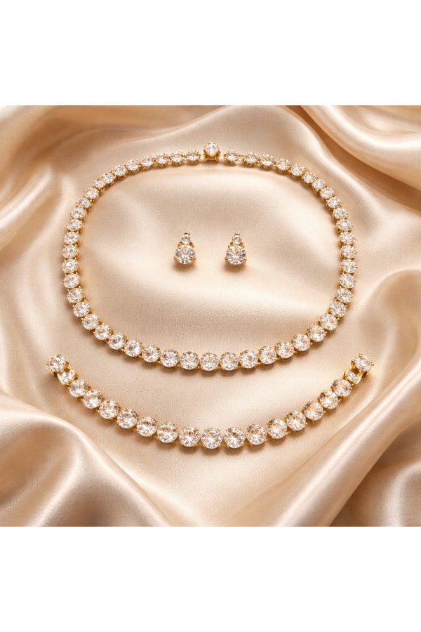Set cercei ,lant si brățară inox premium placat cu aur 18 k si pietricele zircon model Angelic