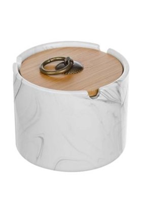Scrumieră ceramică cilindrică din marmură albă cu capac din bambus Ø10 x 7 cm