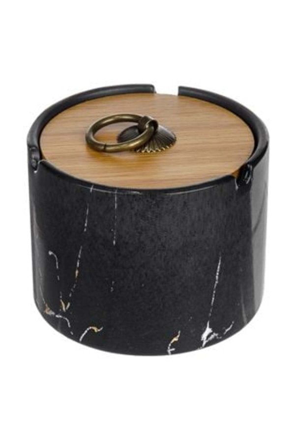 Scrumieră cilindrică ceramică din marmură neagră cu capac din bambus Ø10 x 7 cm