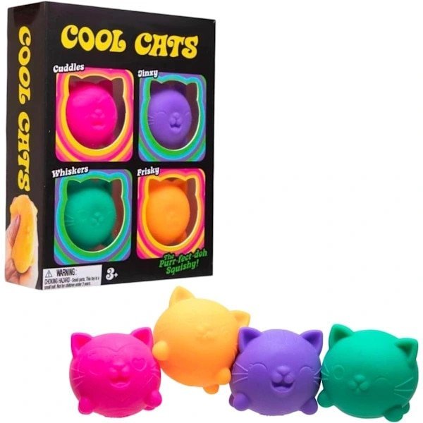 Set 4 bucati, Bile squishy antistres Cool Cats, din TPR, cu revenire lenta si silentioase, Multicolor, 4 x 1 buc