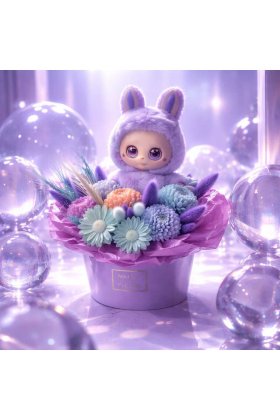 Aranjament din flori din ceara parfumata de soia si jucarie plush