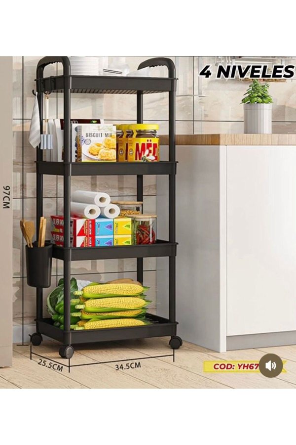 Etajera mobila cu roti 4 rafturi de depozitare negru 97x25,5x34,5