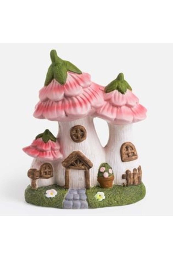 Căsuță ceramică cu ciuperci și flori roz 18 x 11,5 x 23 cm
