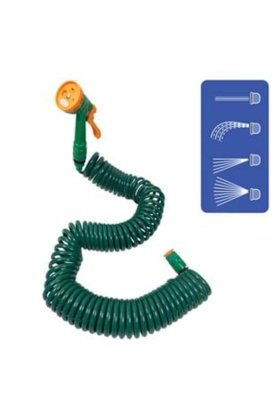 Furtun spiralat verde cu 4 accesorii, 4 funcții - 15 m