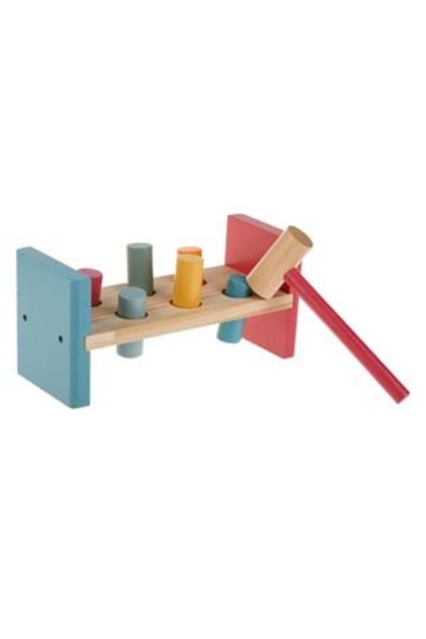 Banc de lucru din lemn cu forme colorate și ciocan pentru bebeluși 22 x 9 x 10 cm