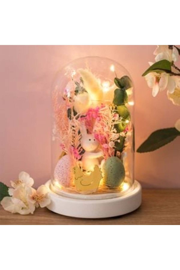 Domă decorativă de Paște din sticlă cu flori artificiale, iepuraș și LED Ø11,5 x 18 cm