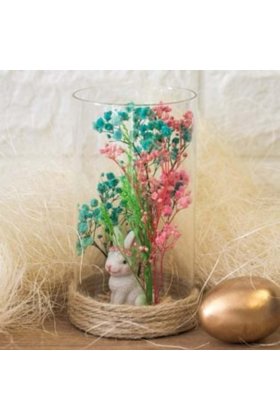 Dom decorativ de Paște din sticlă cu flori artificiale și iepuraș Ø8 x 15 cm