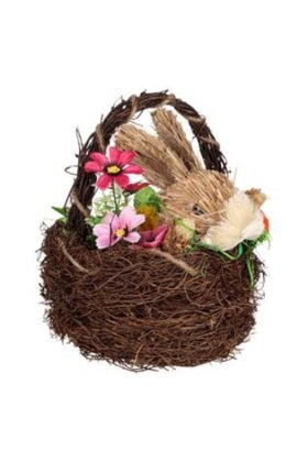 Cuib decorativ de Paște cu iepure și flori 22 cm