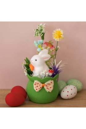 Decorațiune de Paște cu ghiveci verde decorat cu iepurași și flori Ø10 x 24 cm
