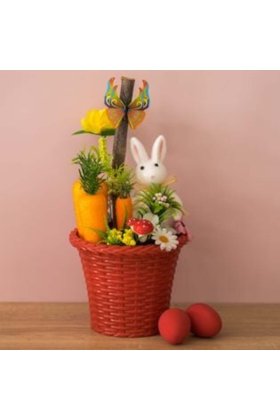 Decorațiune de Paște cu ghiveci roșu decorat cu flori și morcov Ø17 x 33 cm