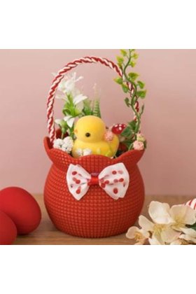 Decorațiune de Paște cu Coș Roșu Decorat cu Rață și Flori Ø10 x 18 cm