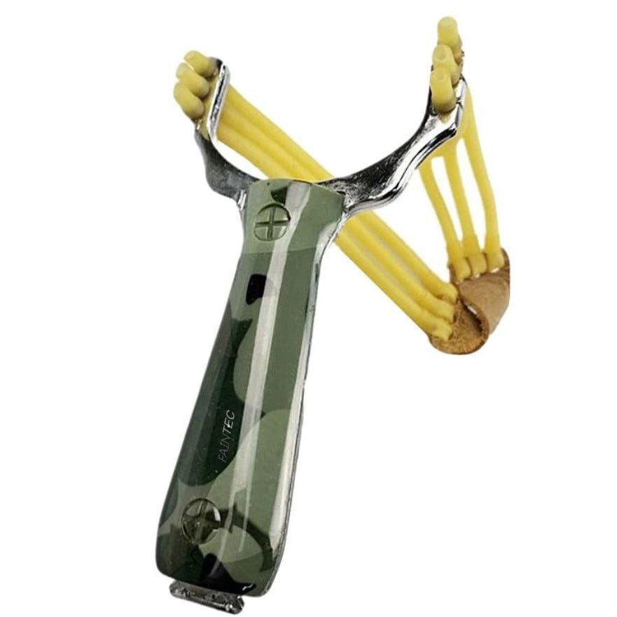 Prastie De Vanatoare Portabila, Faintec, Cu 3 Corzi Elastice Rezistente, Maner Ergonomic Antiderapant Si Buzunar De Lansare Din Piele, Dimensiuni Model Camuflaj