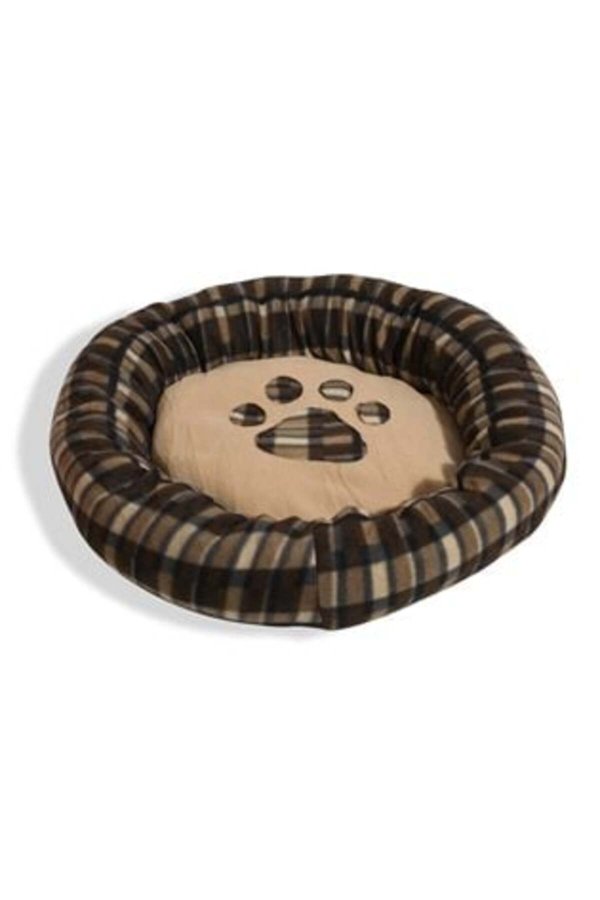 Pat rotund pentru câini cu blană artificială, labă maro cu carouri , Ø60 cm