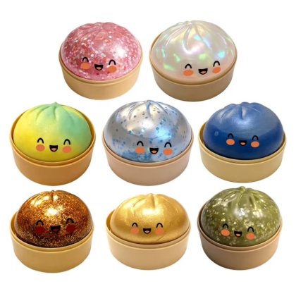 Jucarie antistres squishy, design chifle sclipici zampitoare Baozi sau Nikuman multicolor, 1 bucata random, 5 cm
