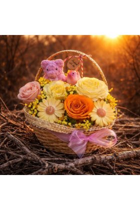 Aranjament Floral din ceara de soia si plante natura uscate in cosuri lucrate din paie si iuta