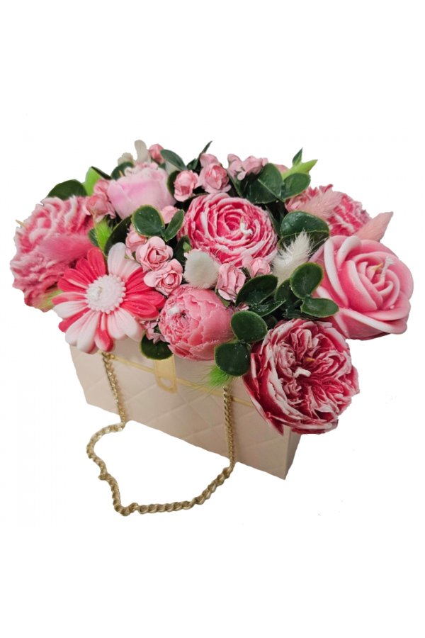 Aranjament floral din ceară în cutie de geantă