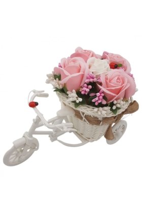 Aranjament floral Bicycle cu trandafiri roz și albi din săpun