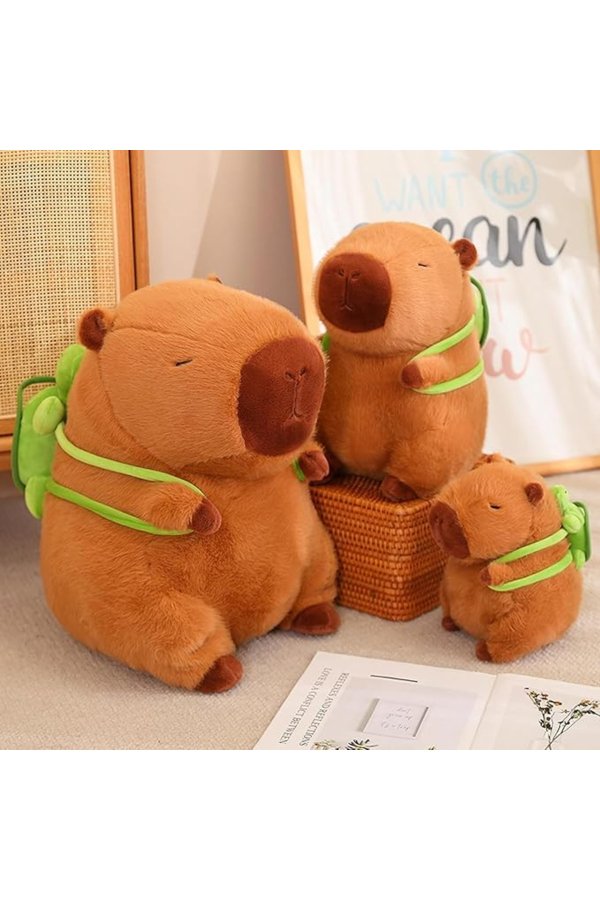 Set de 3 jucării de pluș Capibara, 45/35/25 cm, cu rucsac detașabil în formă de broască țestoasă