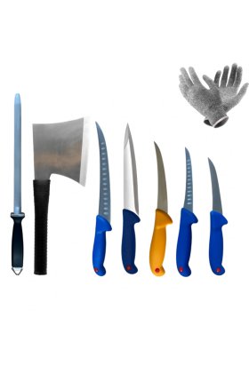 Set de cuțite de măcelărie cu 8 piese, cu satâr, masat și mănuși de protecție, mânere colorate