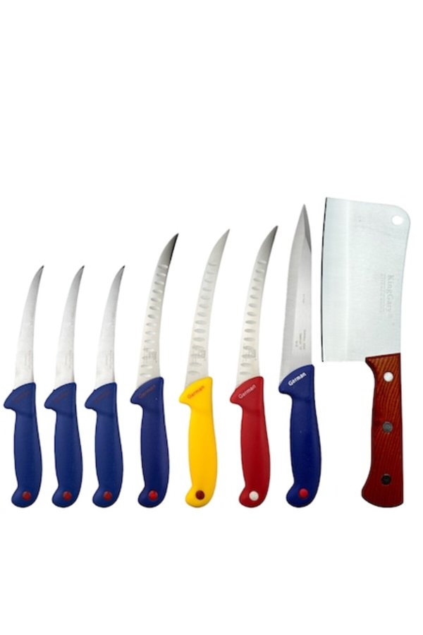 Set cuțite de măcelărie, 8 piese: 1 ascuțitor magnetic 42cm, 1 satâr 37cm, 4 cuțite de dezosat 28cm