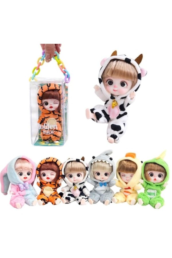 Păpușă mini realistă, cu față expresivă, 10 cm, cu poșetă și breloc, cu costum de animal